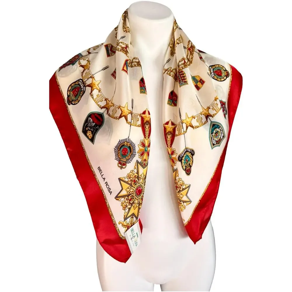 Vintage Bella Rosa Silk Scarf NWT Heraldic Medallion Crest Print 1980s Red 31x31